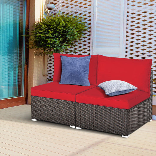 2 Pieces Patio Rattan Armless Sofa Set with 2 Cushions and 2 Pillows-Red Sale