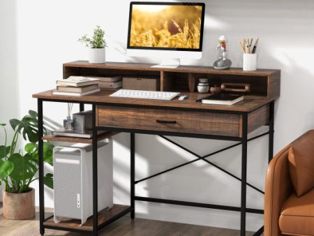 48 Inch Computer Desk with Monitor Stand Drawer and Shelves-Rustic Brown on Sale